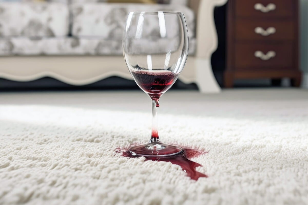 lampka czerwonego wina, plama na dywanie, rozlane wino czerwone, kremowy dywan, czerwona plama