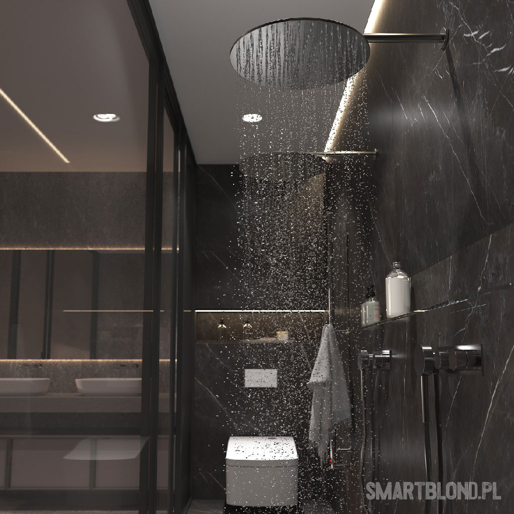 łazienka w czarnym designie, minimalistyczna łazienka, prysznic z deszczownicą, przeszklona kabina