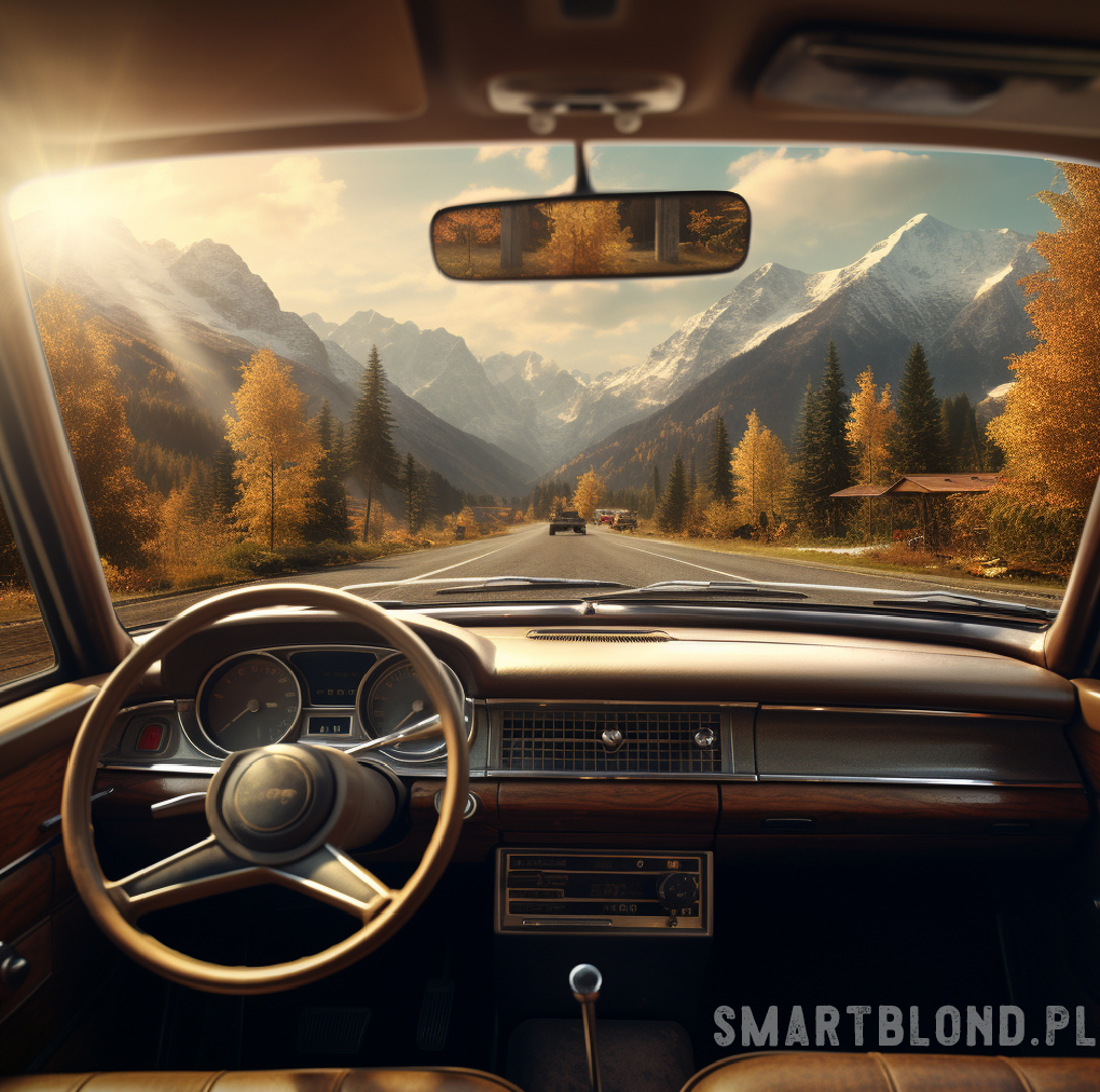 jesienny widok podczas jazdy samochodem, oldtimer, Alpy jesienią, czysta szyba samochodowa, promienie słońca w górach, droga, kokpit samochodowy, kierownica oldtimera, lusterko samochodowe wewnętrzne oldtimera