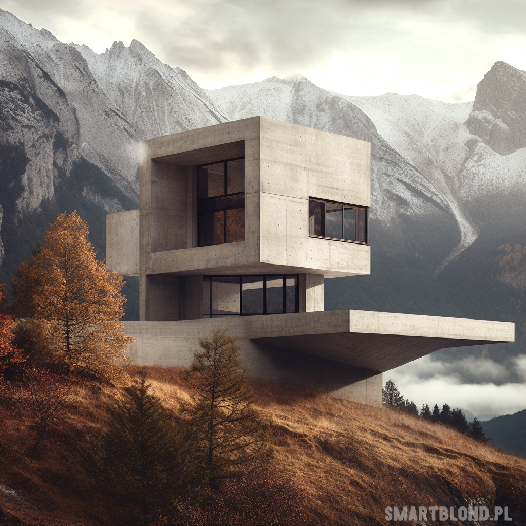 dom z betonu, dom w górach, betonowy dom w górach, nowoczesny design, prosty dom z betonu architektonicznego, dom na tle gór jesienią, taras z betonu, minimalistyczny dom