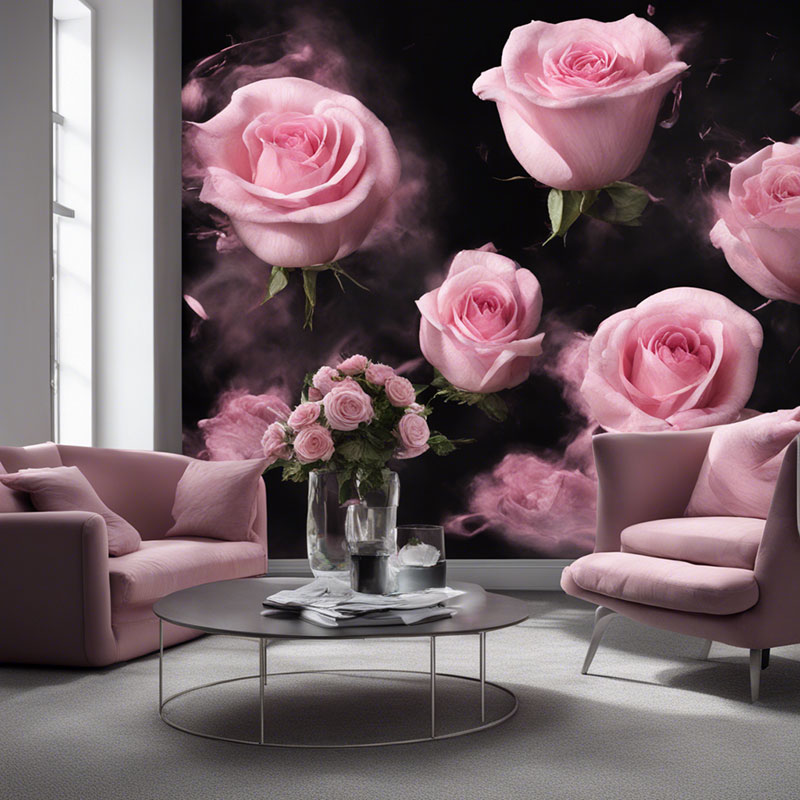 designerski salon, salon czarno różnowy, róże w salonie na staliku kawowym, różowe fotele do salonu, fototapeta w róże różowe na czarnym tle