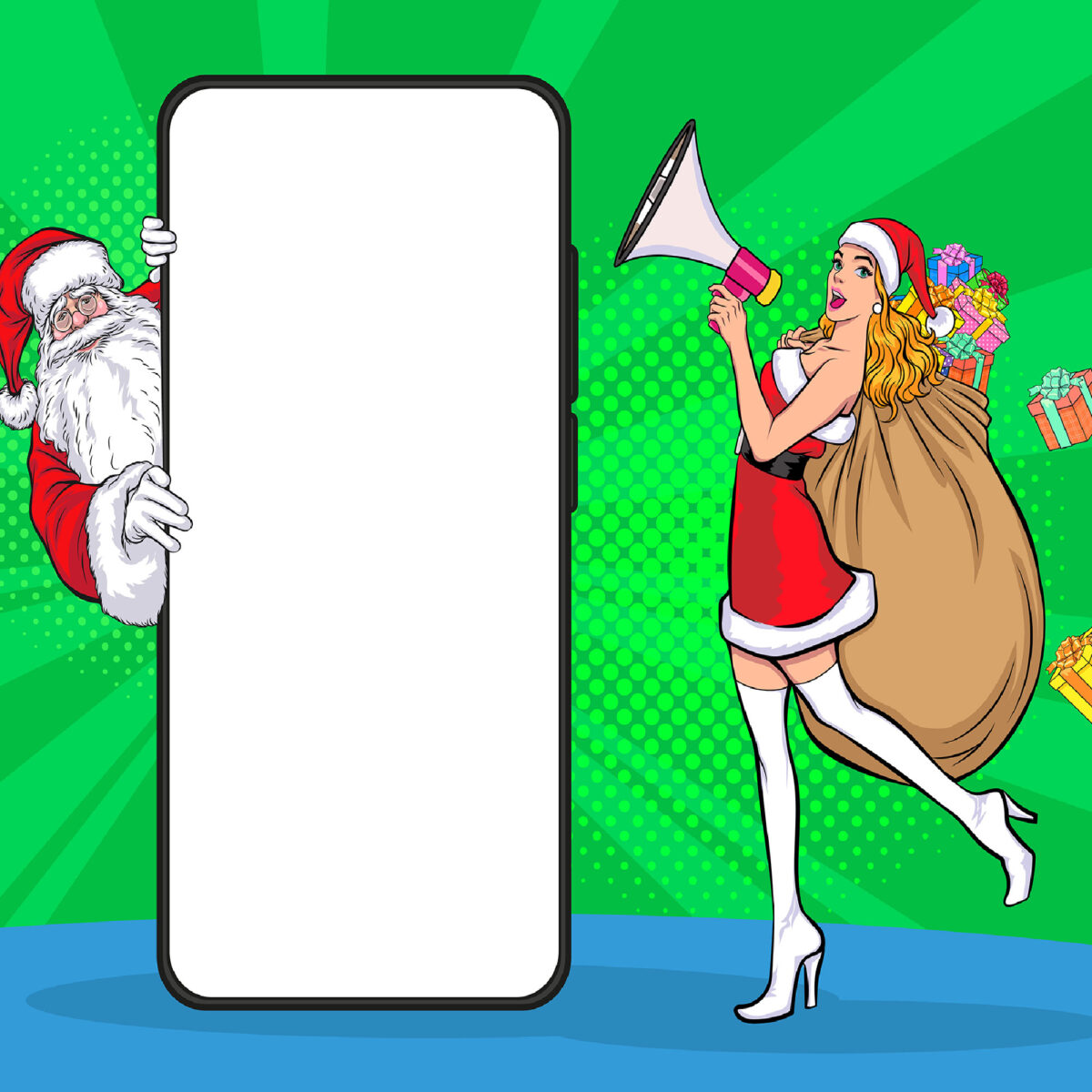 santa claus, pin up girl, gifts, mobile, red dress