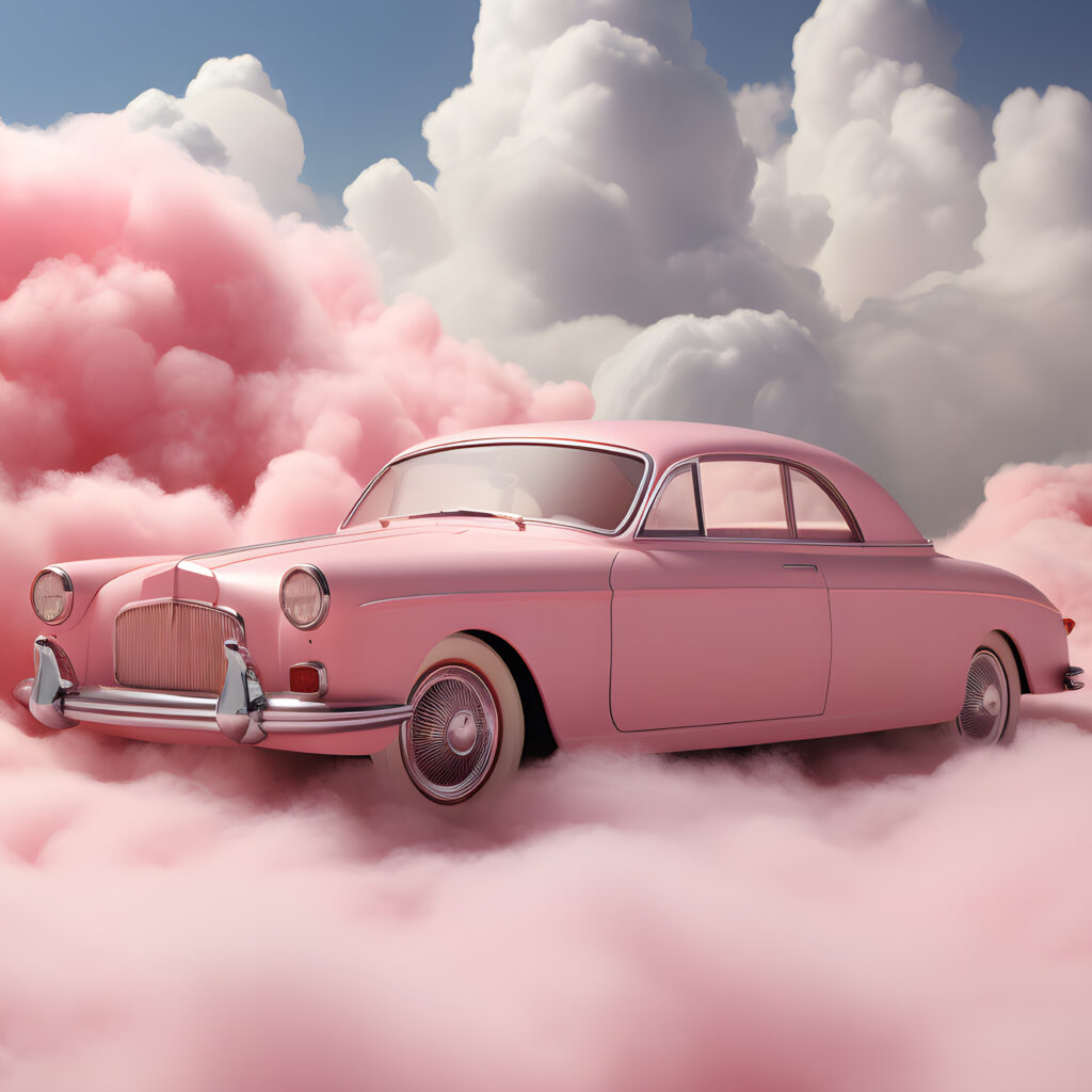 różowy samochód retro, oldtimer różowy, różowe auto w białych i różowych chmurach, różowe chmury, białe chmurki