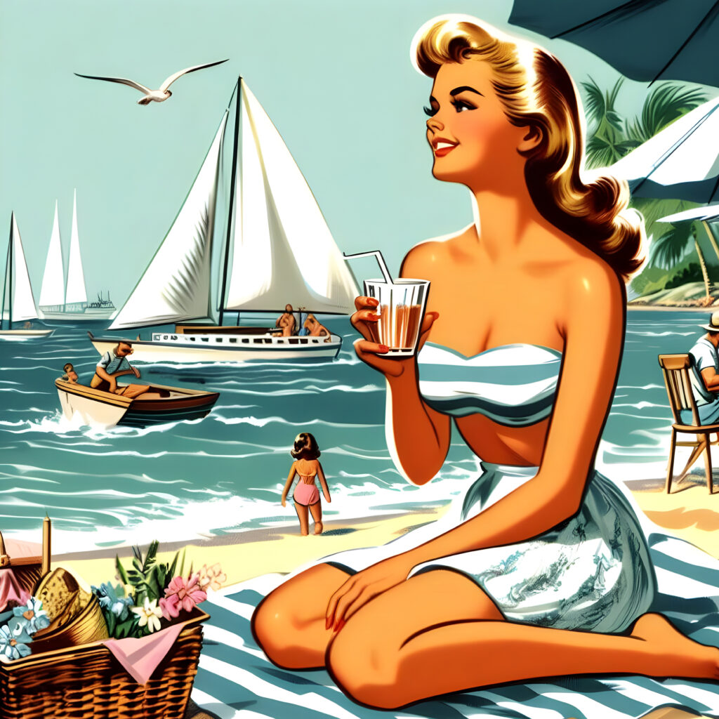 yacht, żeglarstwo, jacht, pin up girl, plaża, urlop, mewa, koszyk piknikowy